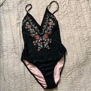 Black one piece rose embroidered swim suit